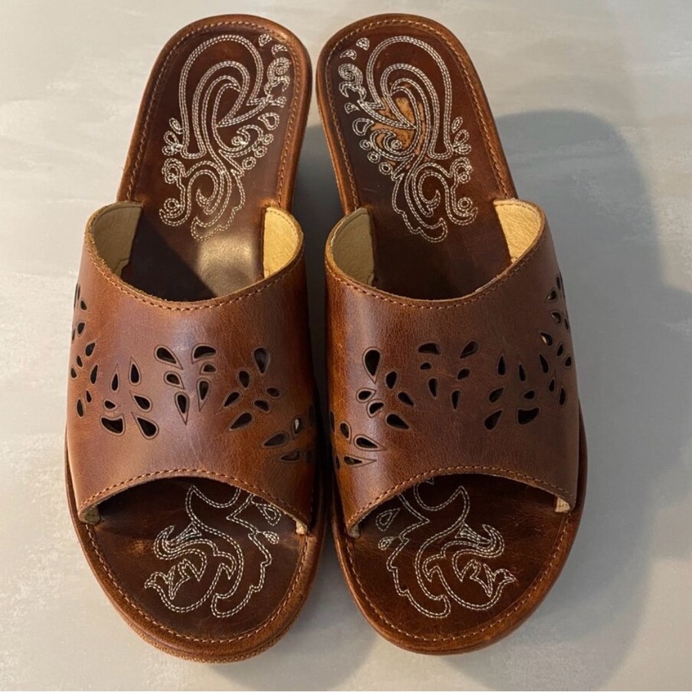 OluKai Brown Leather Cutout Slide Mules